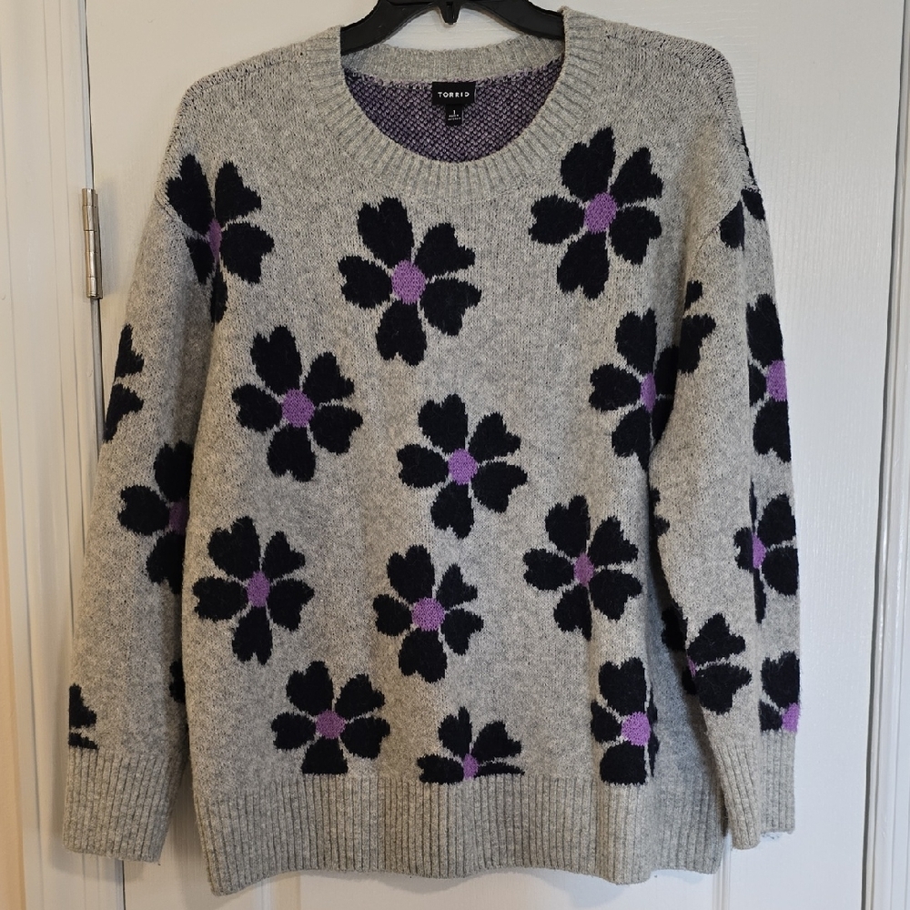 Torrid Gray Sweater with Black and Purple Floral Design